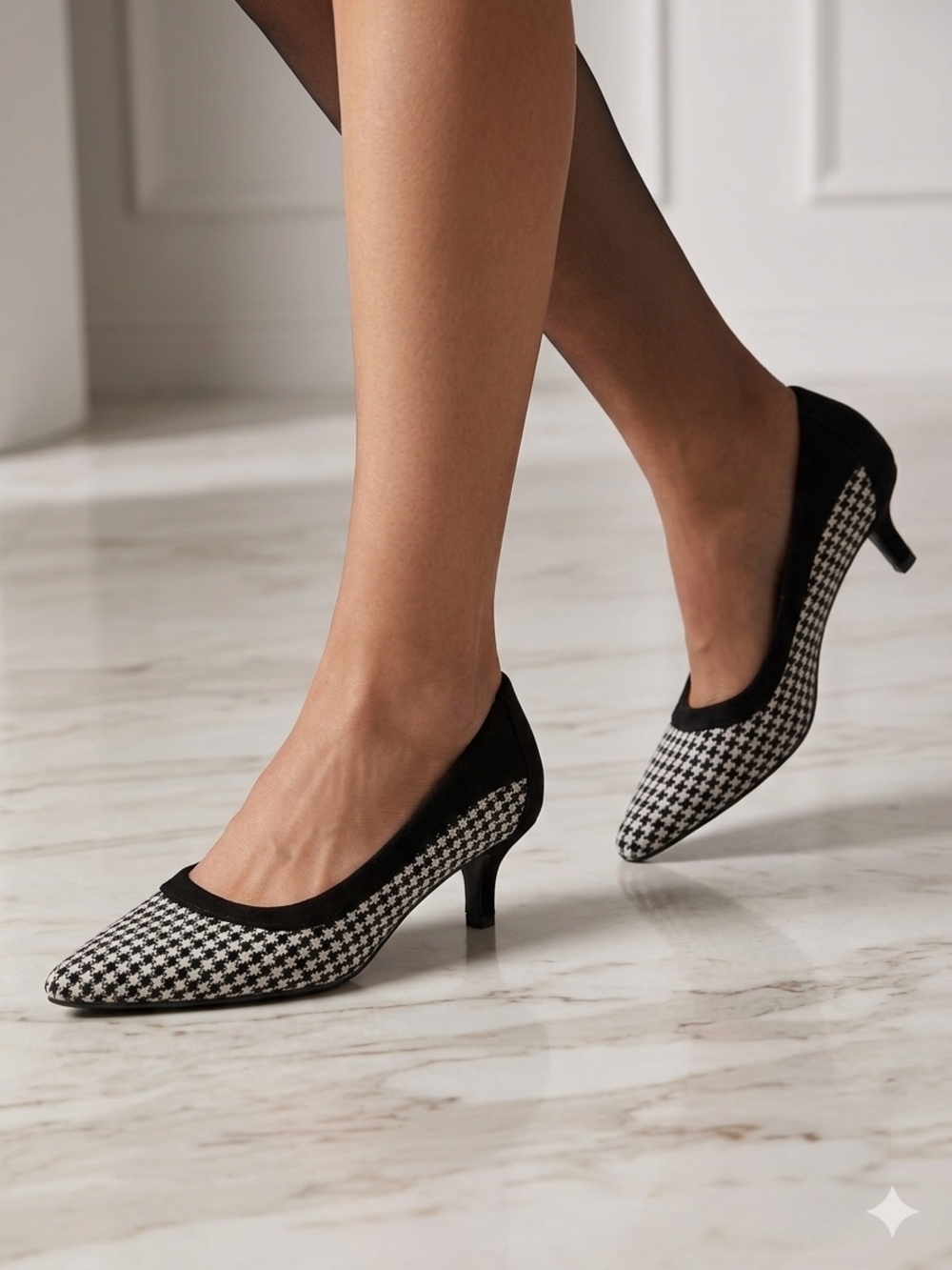 Pointed Toe Low Heel Pumps in Black and White Houndstooth